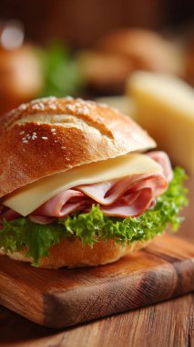 Tahtada salamlı, peynirli ve marullu lezzetli sandviç.