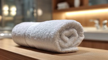 Havlu, havlu ve banyo aksesuarları banyodaki masada.