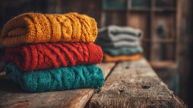 Ahşap bir yüzeye eşarp takmış renkli yün çoraplar..