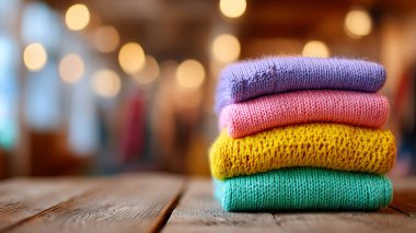 Masada renkli örgü süveter yığını, yakın plan.