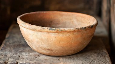 Eski ahşap masada eski bir ahşap kase.