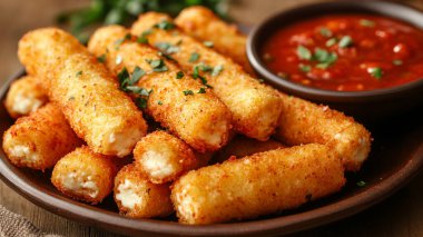 Ketçaplı kızarmış tavuk nugget, yakın plan.