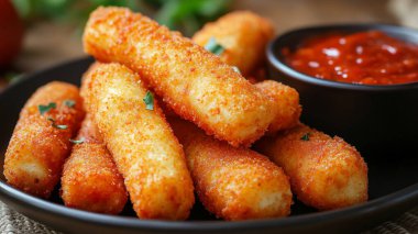 Kızarmış nugget ve ketçaplı peynir çubukları.