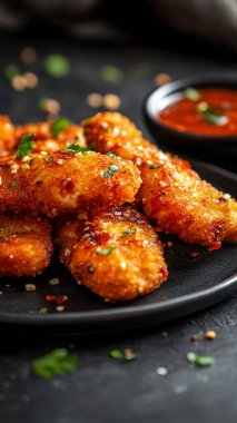 Ketçaplı kızarmış tavuk nugget.