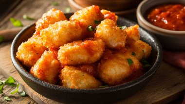 Ev yapımı kızarmış tavuk, sarımsaklı ketçap ve tuz.