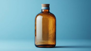 Mavi arkaplanda boş cam şişe ve metin için boşluk