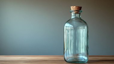 Ahşap masada boş cam şişe.