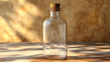 Ahşap arka planda boş şeffaf şişe