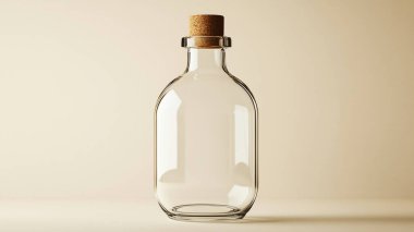 Bej arka planda boş etiketli bir şişe su, mesaj için boşluk. Tasarım için boşluk
