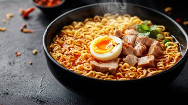 Erişte, yumurta, sosis ve sebzeli ramen.