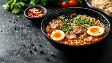 Siyah bir kasede tavuk ve yumurta ile hazır şehriye. siyah taş arka planda