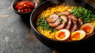 Sığır eti, yumurta, sebze ve ramen ile Japon eriştesi.