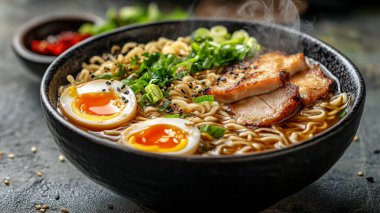 Domuz eti, tavuk ve yumurtalı Japon eriştesi.