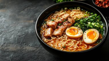 Tavuk, sebze ve yumurtalı Kore eriştesi. Siyah kasede Asya yemeği.