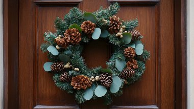 Evin kapısında köknar ve noel ağacından yeşil dallar var.