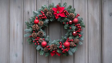 Ahşap arka planda kırmızı ve altın çelenkli noel süsü.