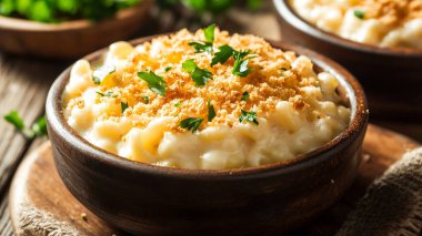 Tahta bir masada kıyma ve maydanozlu patates püresi..