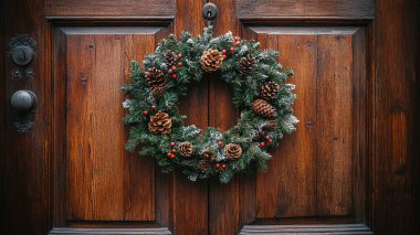 Köknar ağacı ve süslemeleri olan Noel kapısı.