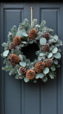 Spruce dallarından güzel bir çelenk, koyu bir arka planda koniler. Noel çelengi.