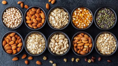 Tahta arka planda kasede çeşitli fındıklar var..