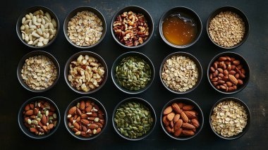 Tahta yüzeyde kasede çeşitli fındıklar var.