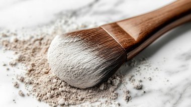 Gri arkaplanda makyaj için toz ve fırça, yakın plan