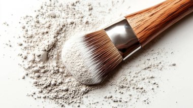 Beyaz arka planda makyaj tozu ve fırça. makyaj sanatçısı.