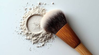 Kozmetik ürünler, beyaz arkaplanda fırça ve toz, metin için boşluk ile düz yatıyordu