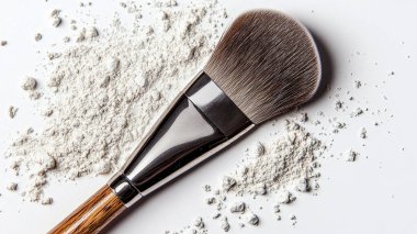 Makyaj fırçası, toz ve makyaj fırçası beyaz bir masada