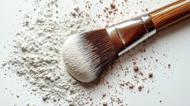 Beyaz arkaplanda makyaj fırçası ve toz