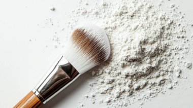 Gri arka planda beyaz bir kasede makyaj tozu.