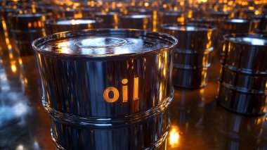 Varilin üzerindeki yağ damlası, yansımalı yağ varili. 3d illüstrasyon.