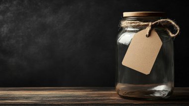 boş cam kavanoz ve ahşap masadaki metnin için boş etiket