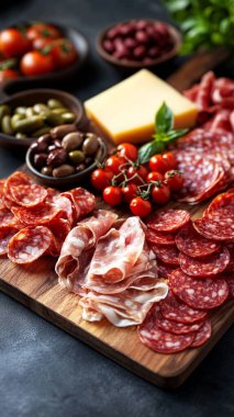 Tahta bir masanın üzerinde değişik İtalyan yemekleri var.