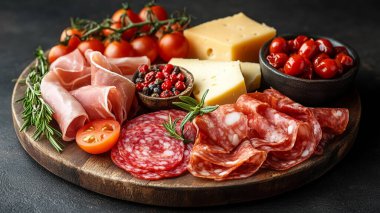 Farklı türde salam ve zeytin. İtalyan antipastası.