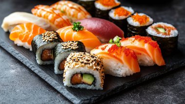 Suşi seti, somon, avokado, zencefil, wasabi, zencefil, siyah taş tabakta suşi. Soya soslu suşi. Japon mutfağı..