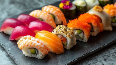 Suşi, somon, avokado, ton balığı, somon, ton balığı ve krem peyniri siyah tabakta..