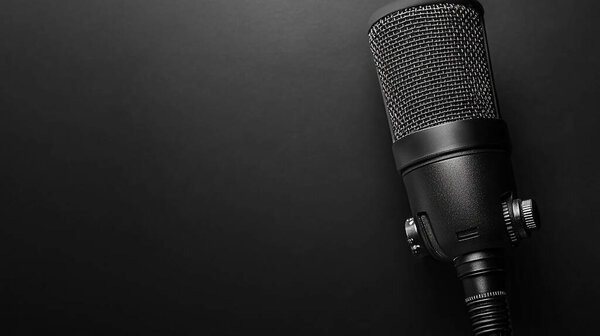 Modern black podcast microphone on white background. Studio quality sound equipment. Perfect for podcasting, recording. Pro audio tech. High-quality mic for live streaming. Used in digital media forModern black podcast microphone on white background.