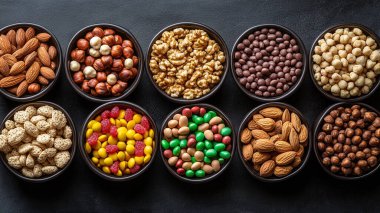 Tahta arka plandaki kaselerde farklı baklagiller. Üst Manzara. düz yat