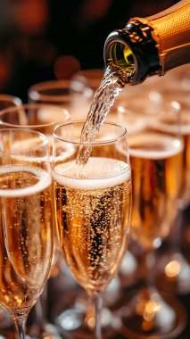 Şampanya bardakları ve şampanya.