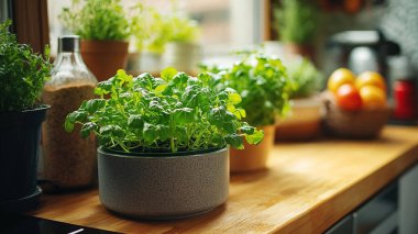 Ahşap mutfakta taze yeşil bitkiler