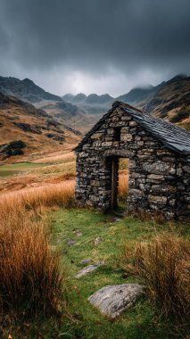 Taşın dikey görüntüsü ve ormanın ortasındaki dağlarda bir ev.