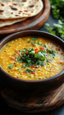 Tahta masada sebzeli mercimek çorbası.