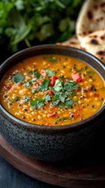 Hint baharatlı köri ya da siyah arka planda pilav ve baharatlı naan ekmeği. Geleneksel Hint yemekleri