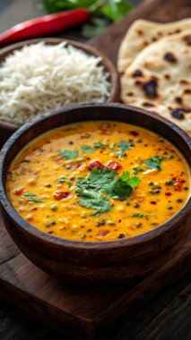 Koyu ahşap tahtada körili tavuklu pilav. Hint köri, tavuk masala, köri, masala masala, Hint mutfağı.