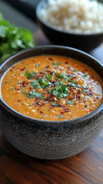 Bir kase kırmızı köri, pirinç ve ahşap masada baharatlar.