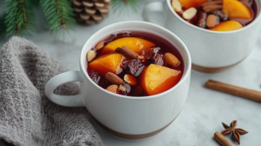 Bir bardak sıcak şarap veya sıcak sıcak şarap veya portakal dilimli sıcak şarap ve noel ağacı, tarçın, anason ve portakal dilimli tarçın çubukları.