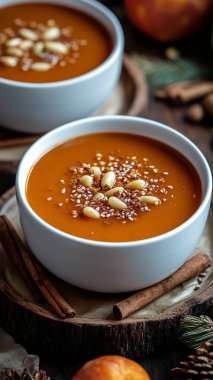 Kabak çekirdeği, fındık ve çekirdekli balkabağı kremalı çorba. sonbahar yemekleri.