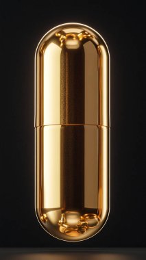 Altın renginde, parıltılı cam bir şişe.