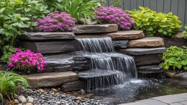 Arka planda bir deresi olan güzel bir bahçenin dikey çekimi.